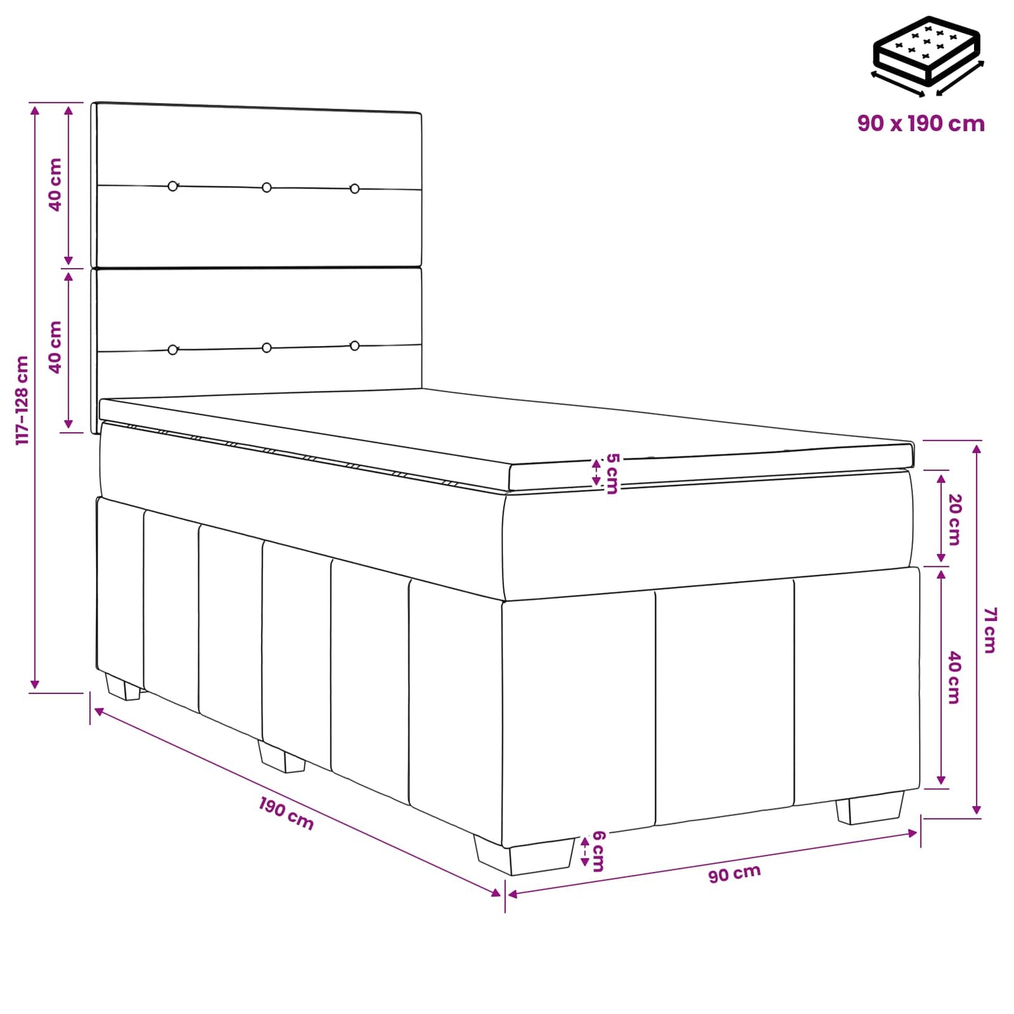 Boxmadras med topmadras med hovedgærde Lysegrå 90 x 190 cm Stof