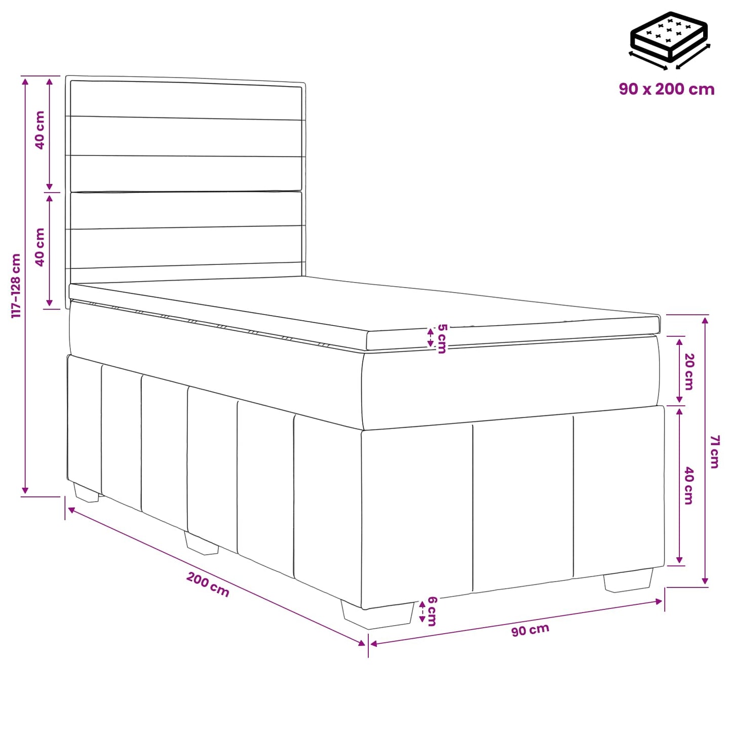 Boxmadras med topmadras med hovedgærde Sort 90 x 200 cm Stof