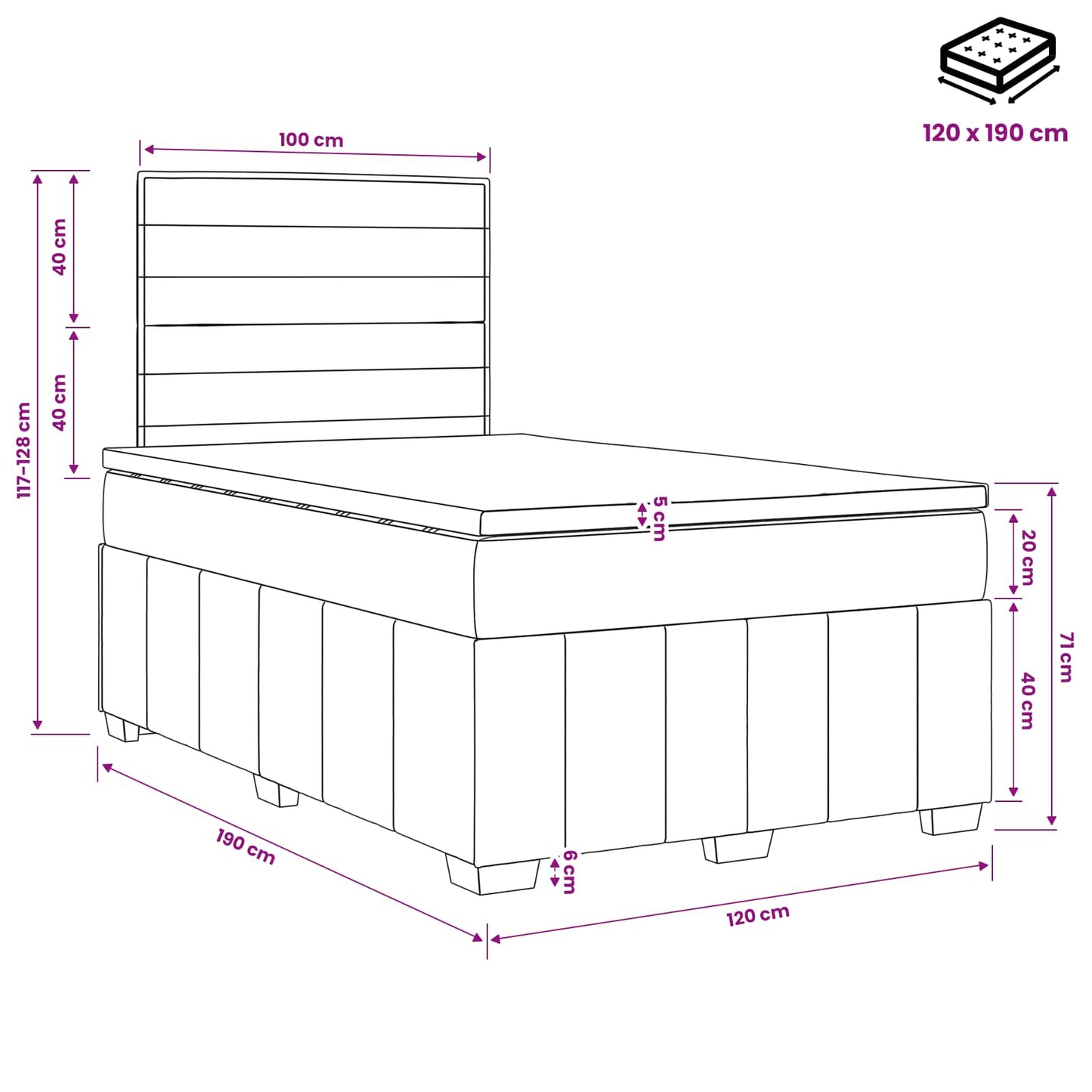 Boxmadras med topmadras Mørkegrå 120 x 190 cm Stof