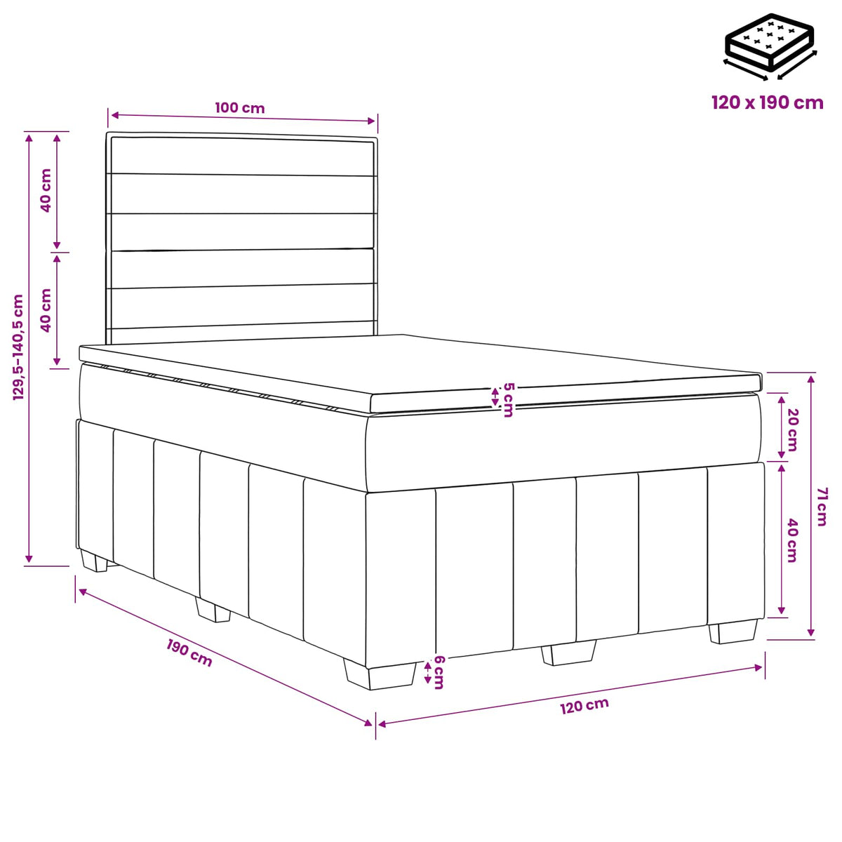Boxmadras med topmadras med hovedgærde Sort 120 x 190 cm Stof