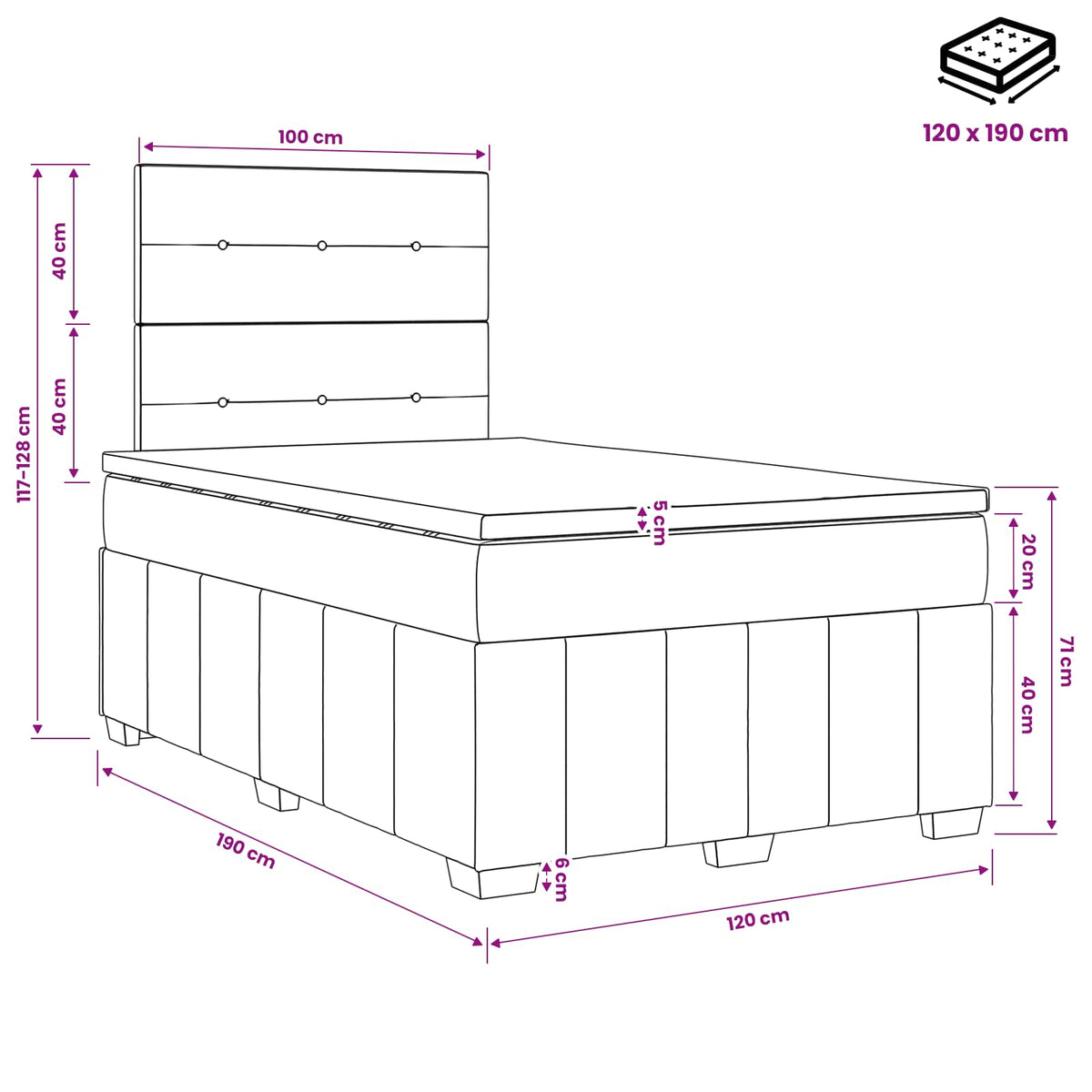 Boxmadras med topmadras Lysegrå 120 x 190 cm Stof