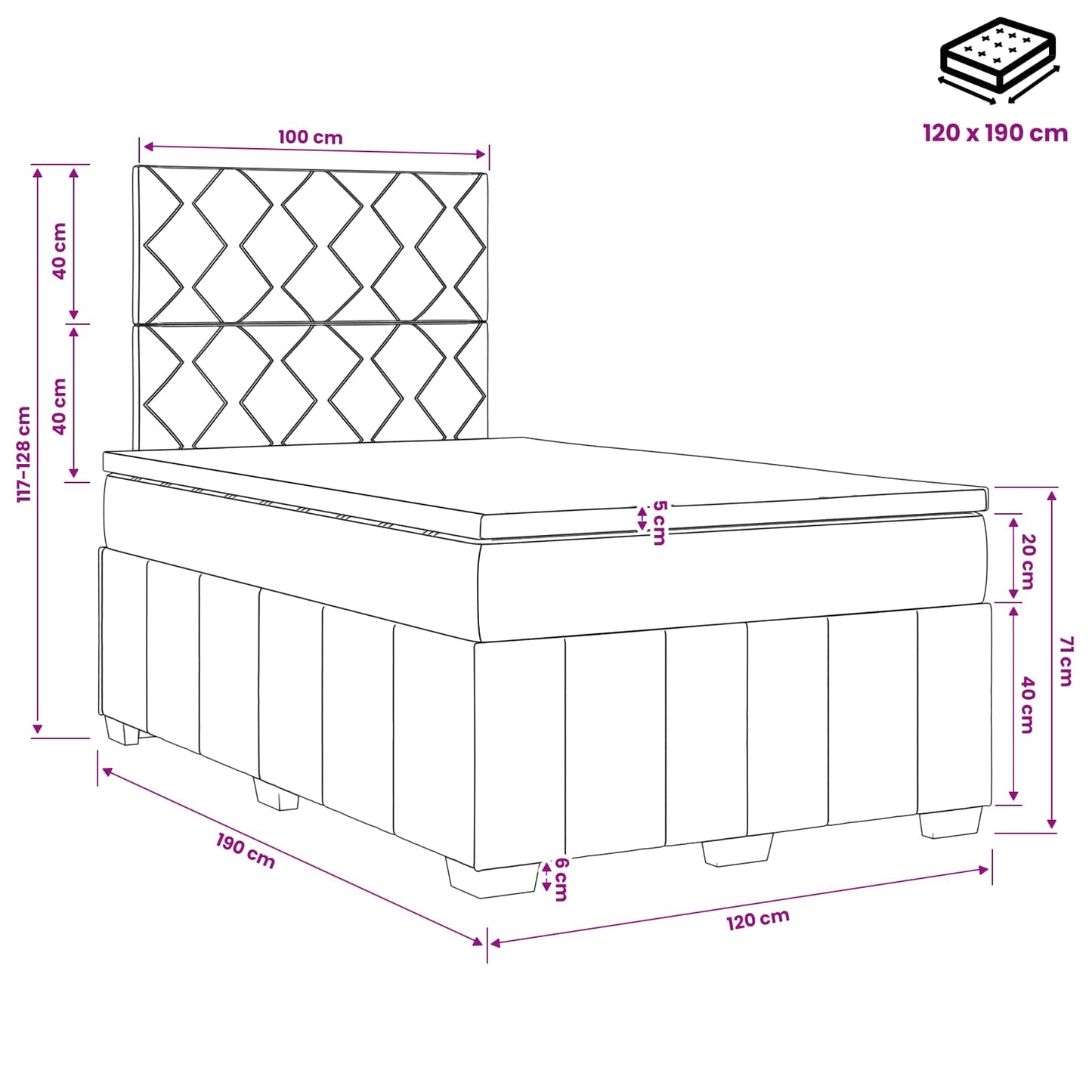 Boxmadras med topmadras Gråbrun 120 x 190 cm Stof