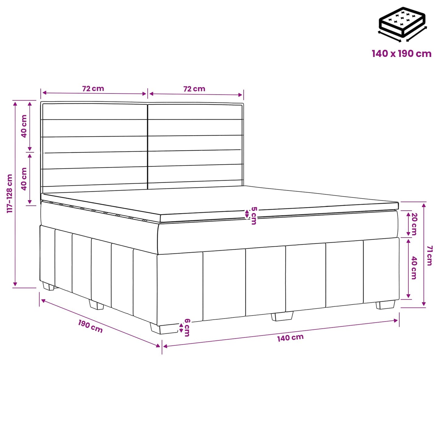 Boxmadras med topmadras med hovedgærde Sort 140 x 190 cm Stof