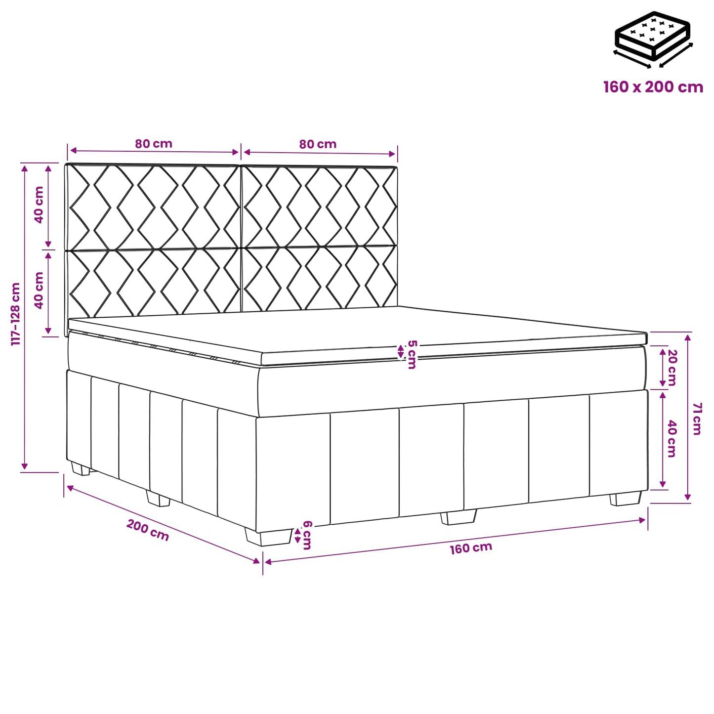 Boxmadras med topmadras med hovedgærde Sort 160 x 200 cm Stof