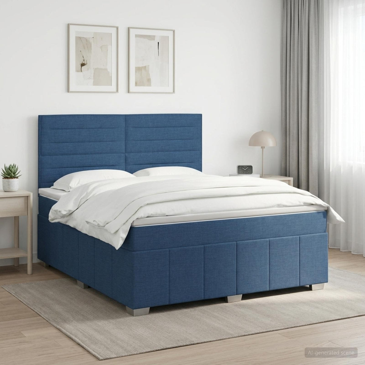 Boxmadras med topmadras med hovedgærde Blå 160 x 200 cm Stof
