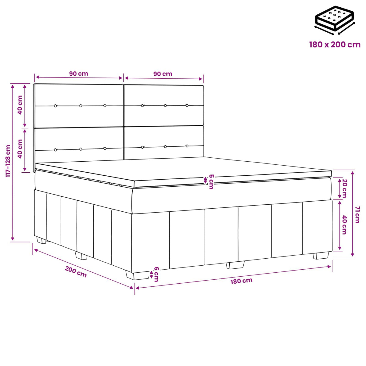 Boxmadras med topmadras med hovedgærde Sort 180 x 200 cm Stof