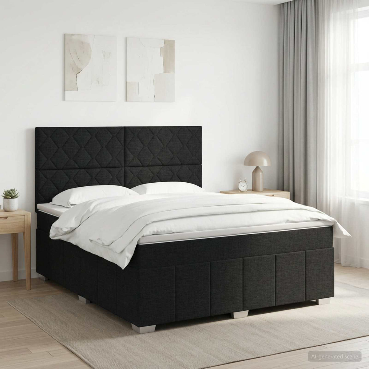 Boxmadras med topmadras med hovedgærde Sort 140 x 200 cm Stof