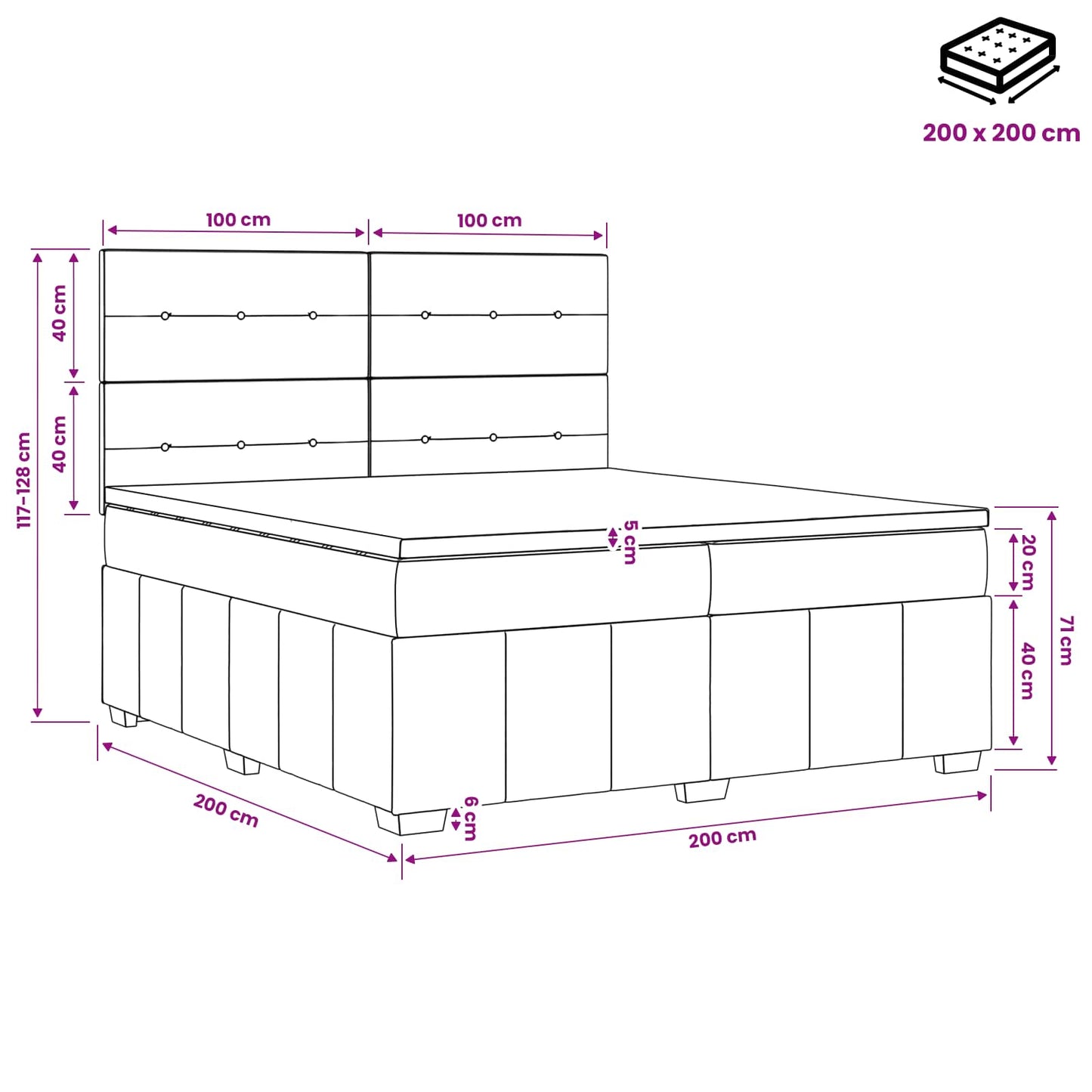 Boxmadras med topmadras med hovedgærde Sort 200 x 200 cm Stof