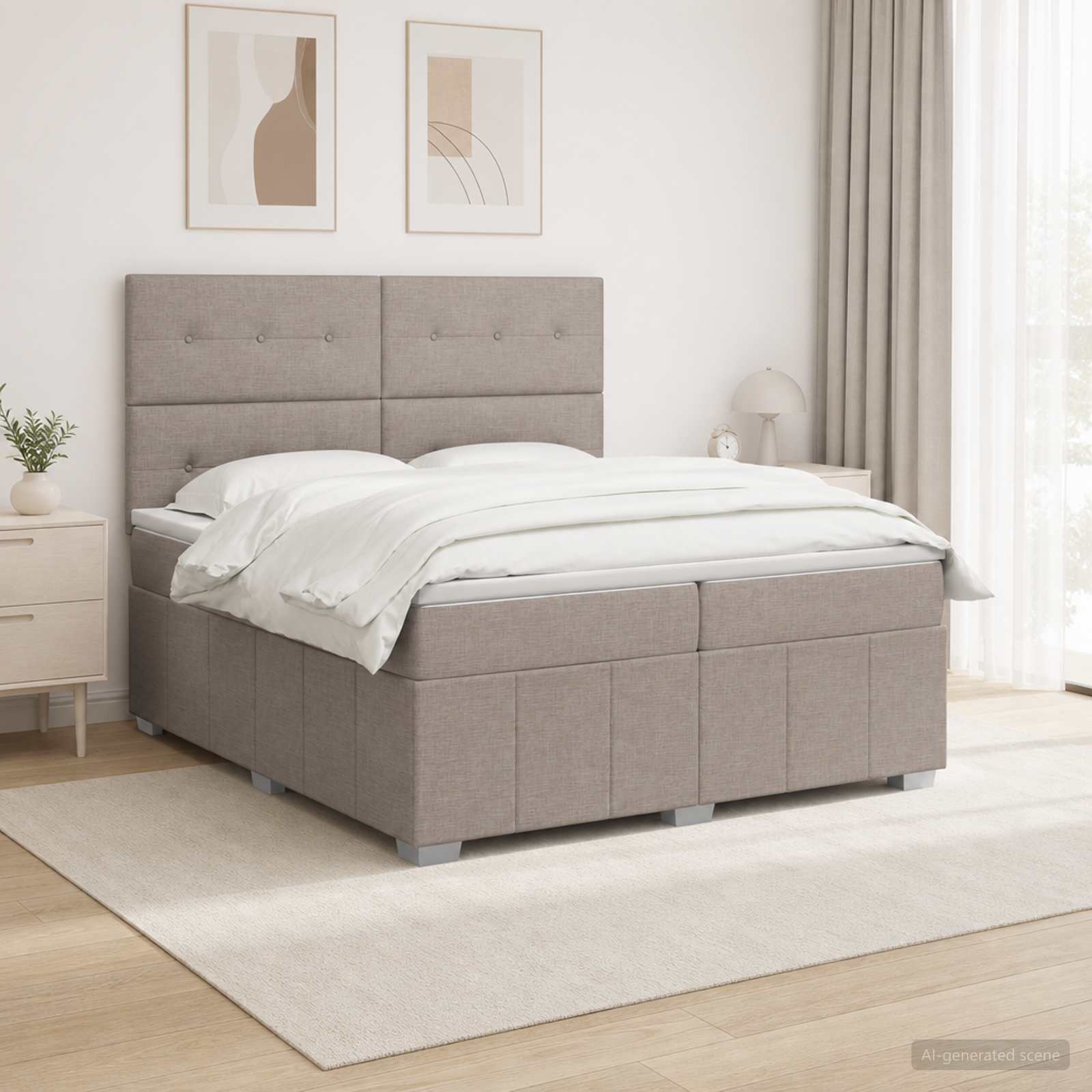 Boksmadras seng 200 x 200 cm med topmadras og justerbar gavl - gråbrun