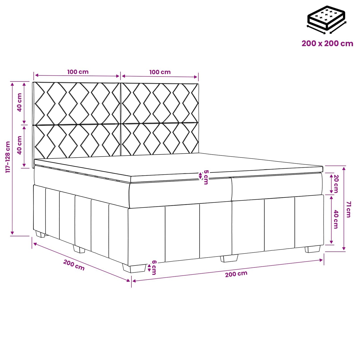 Boxmadras med topmadras Mørkegrå 200 x 200 cm Stof