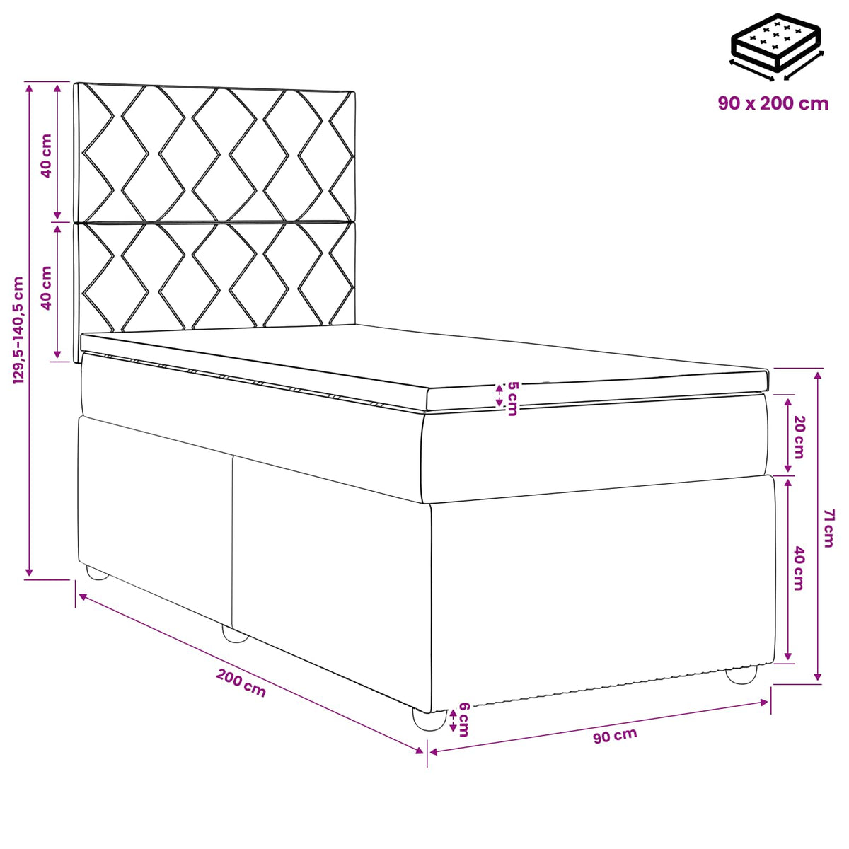 Boxmadras med topmadras med hovedgærde Sort 90 x 200 cm Stof