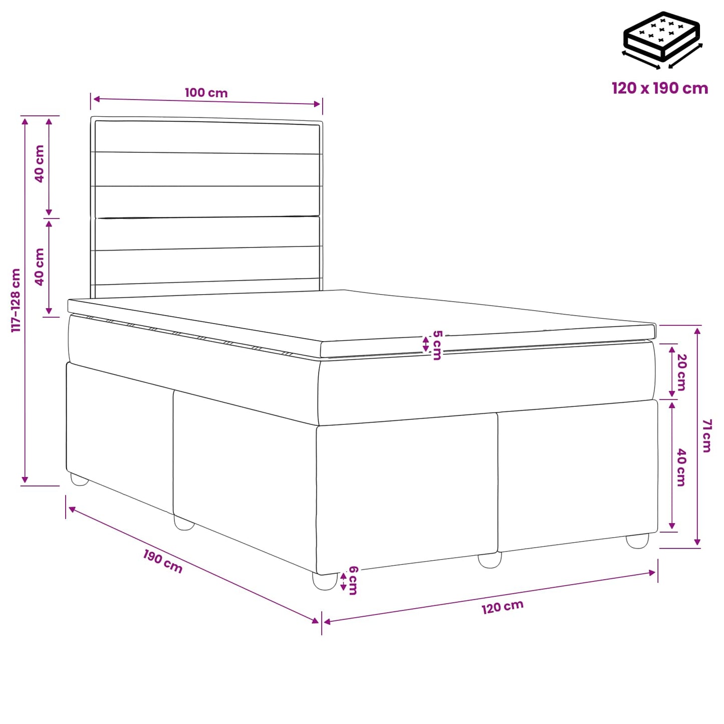 Boxmadras med topmadras Mørkegrå 120 x 190 cm Stof