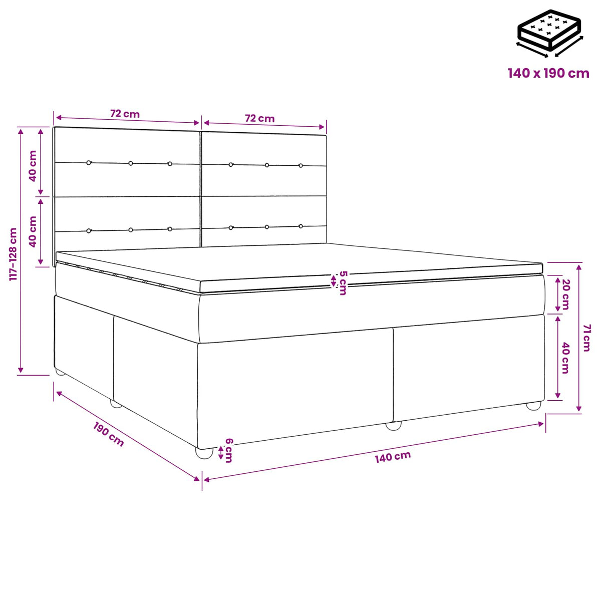 Boxmadras med topmadras Lysegrå 140 x 190 cm Stof