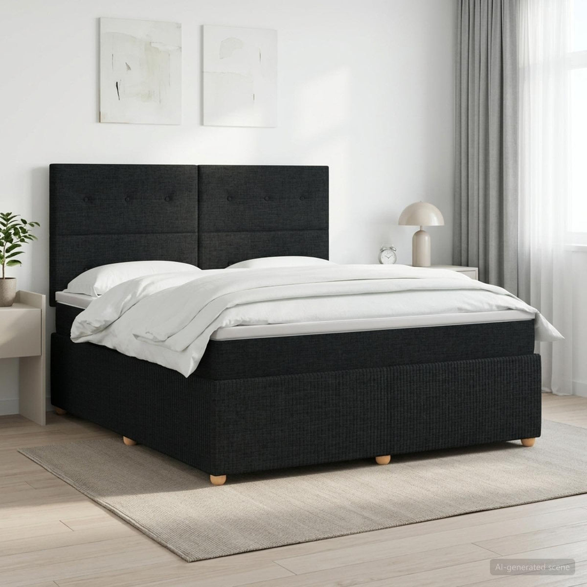 Boxmadras med topmadras med hovedgærde Sort 180 x 200 cm Stof