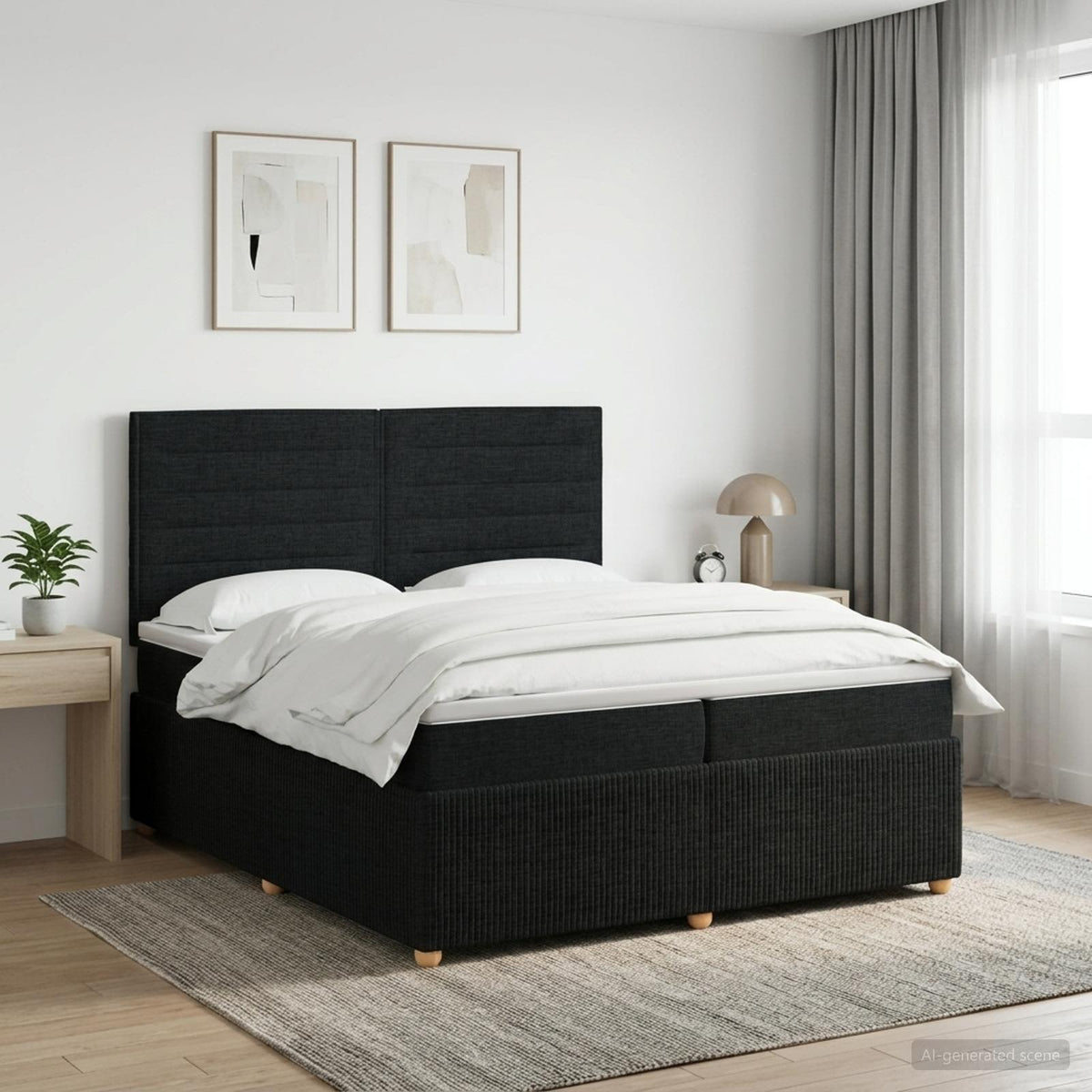 Boxmadras med topmadras med hovedgærde Sort 200 x 200 cm Stof