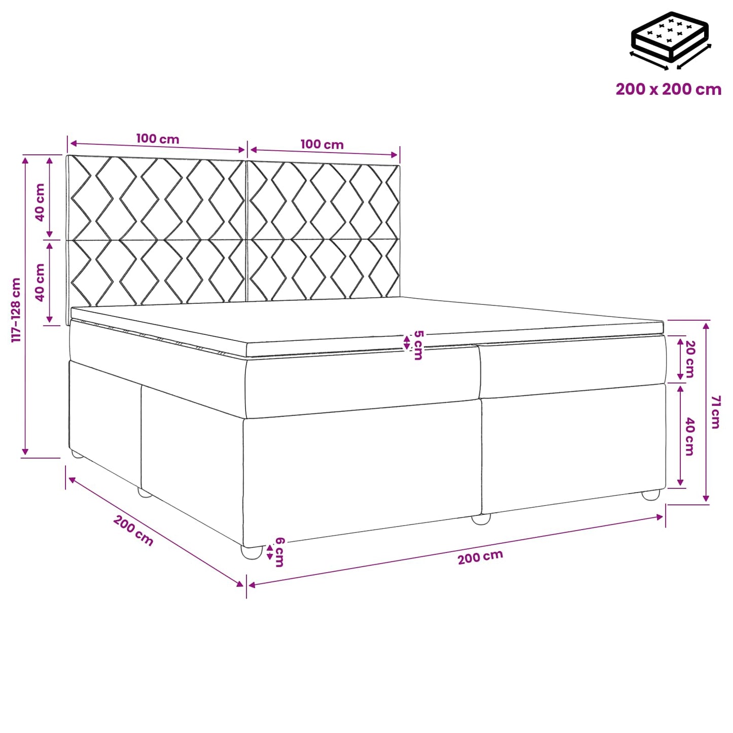 Boxmadras med topmadras Mørkegrå 200 x 200 cm Stof