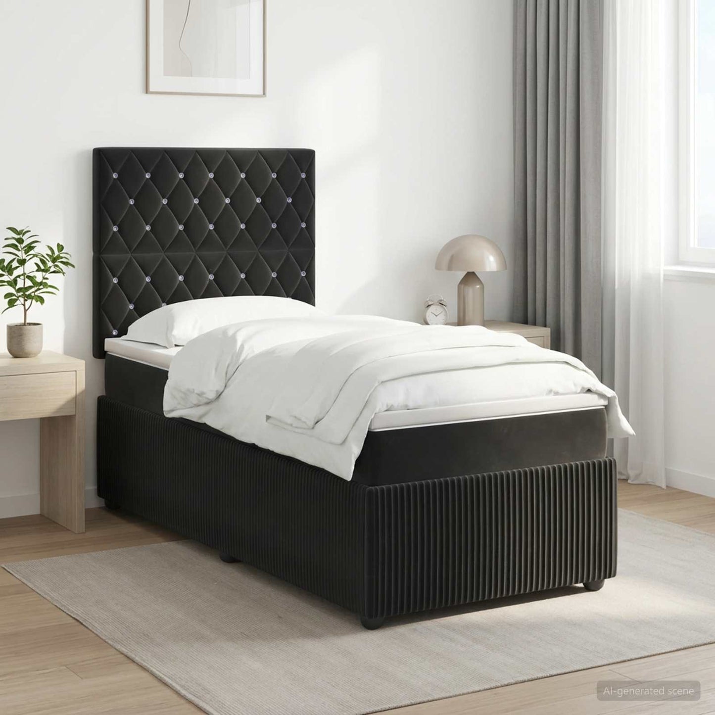 Boxmadras med topmadras med hovedgærde Sort 90 x 190 cm Fløjl