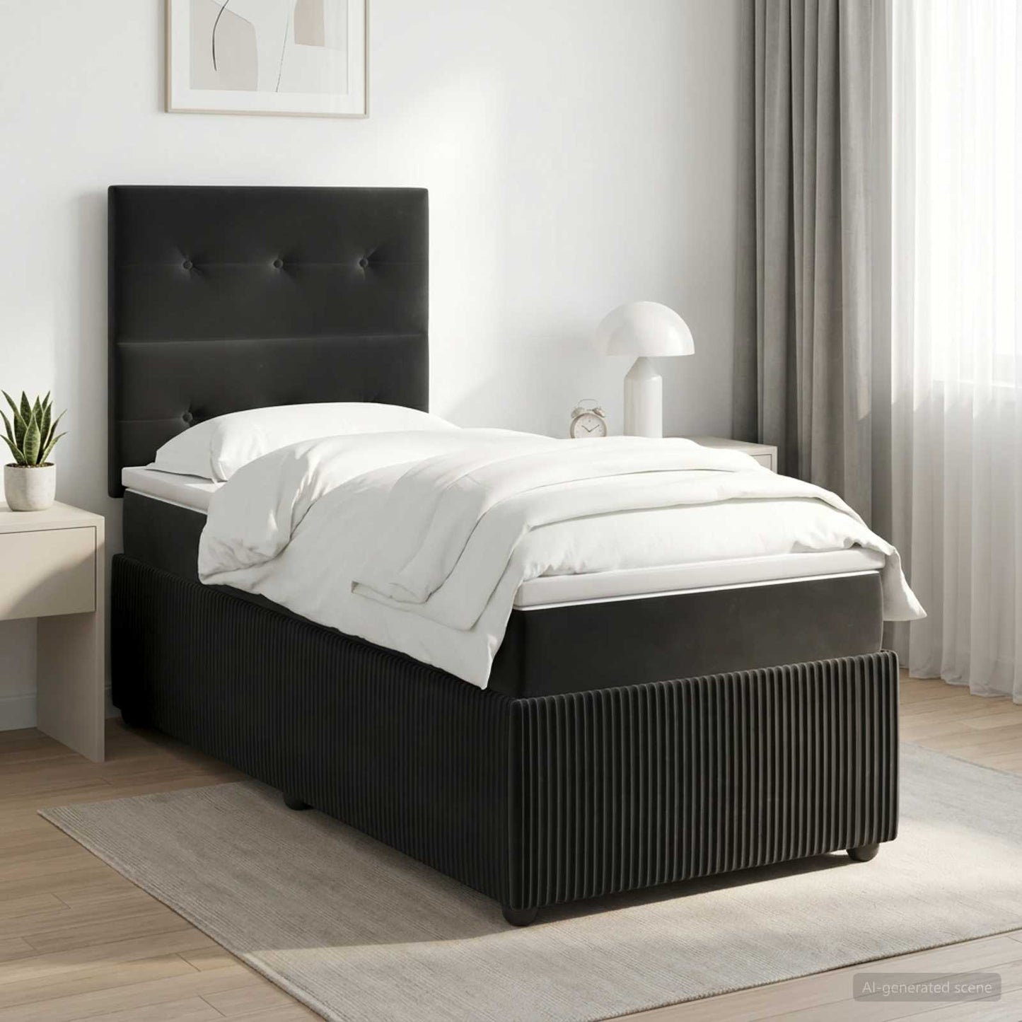 Boxmadras med topmadras med hovedgærde Sort 90 x 200 cm Fløjl