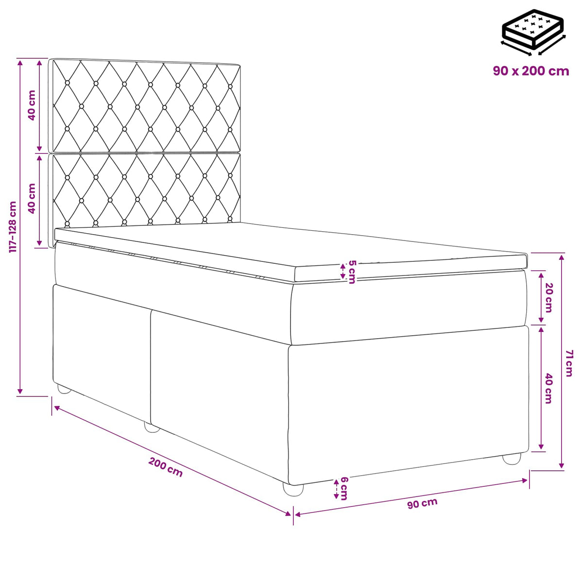 Boxmadras med topmadras Lysegrå 90 x 200 cm Fløjl