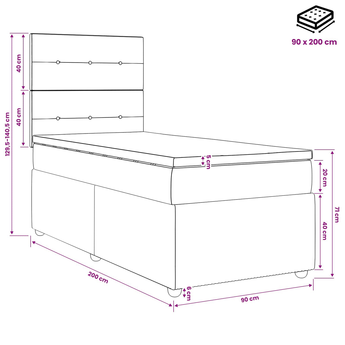 Boxmadras med topmadras med hovedgærde Sort 90 x 200 cm Fløjl