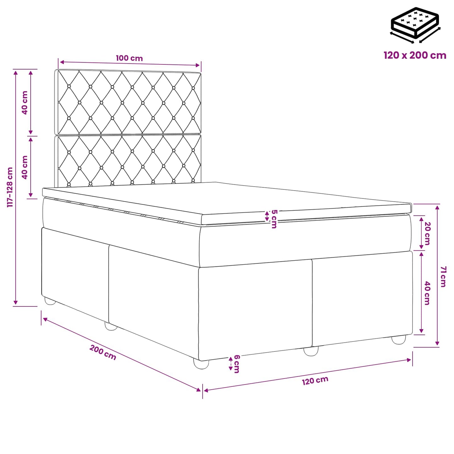 Boxmadras med topmadras Lyserød 120 x 200 cm Fløjl