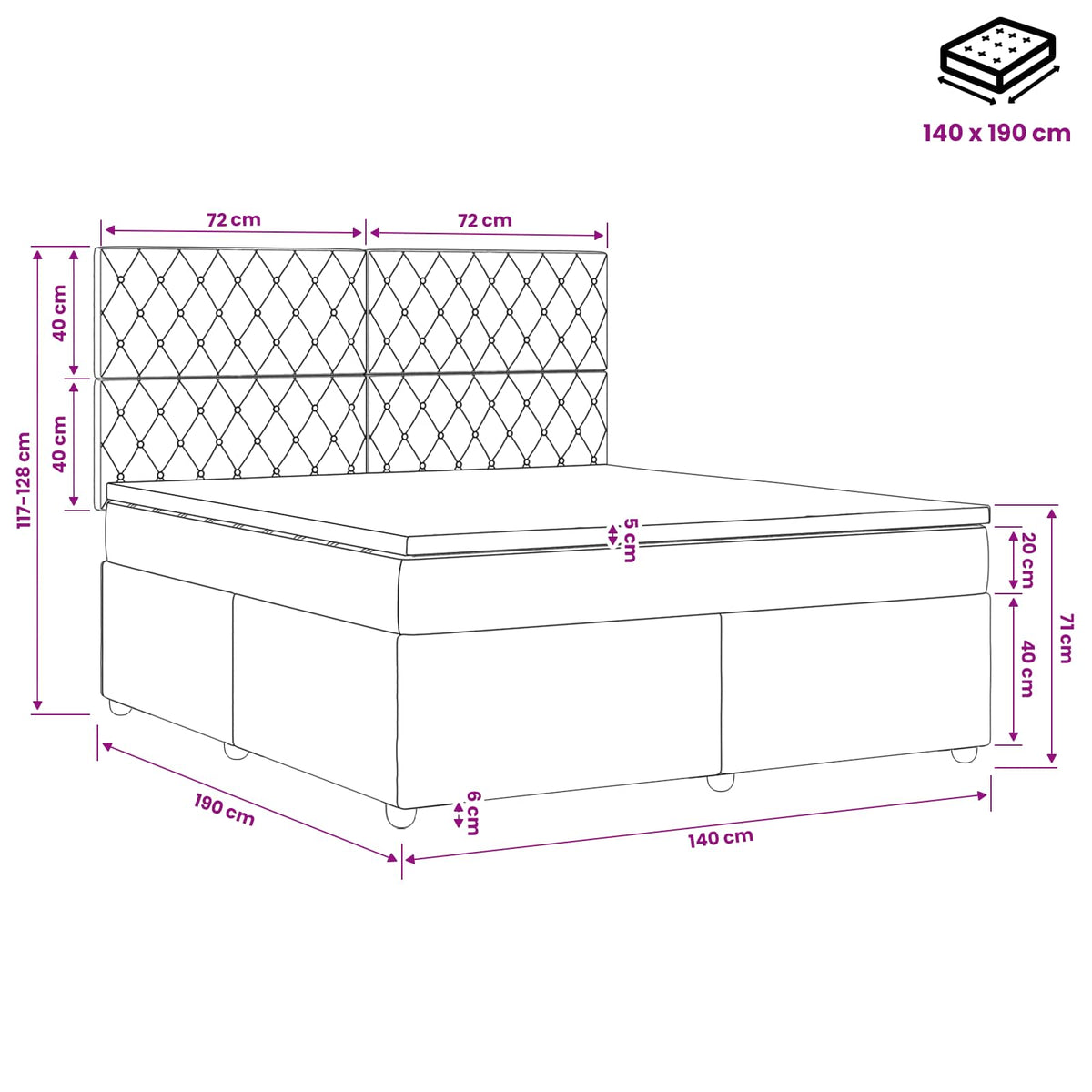 Boxmadras med topmadras med hovedgærde Blå 140 x 190 cm Fløjl