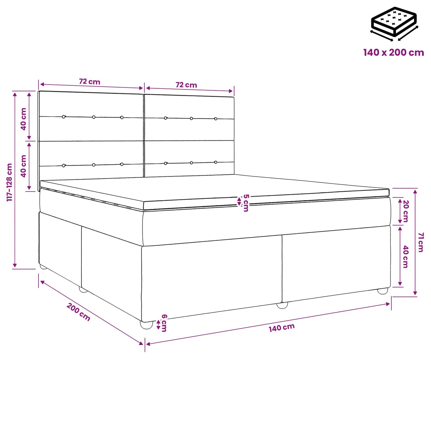 Boxmadras med topmadras Lyserød 140 x 200 cm Fløjl