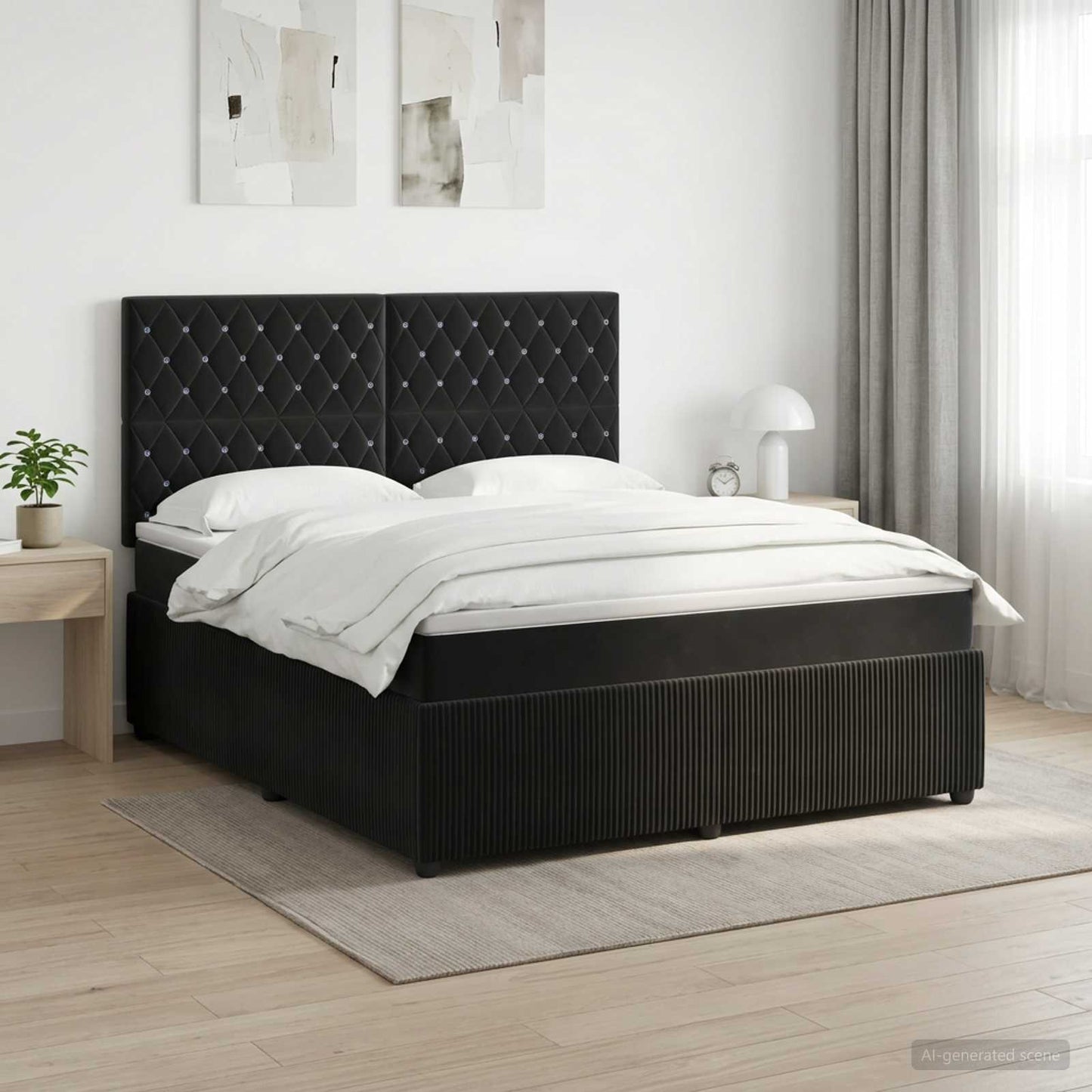 Boxmadras med topmadras med hovedgærde Sort 180 x 200 cm Fløjl
