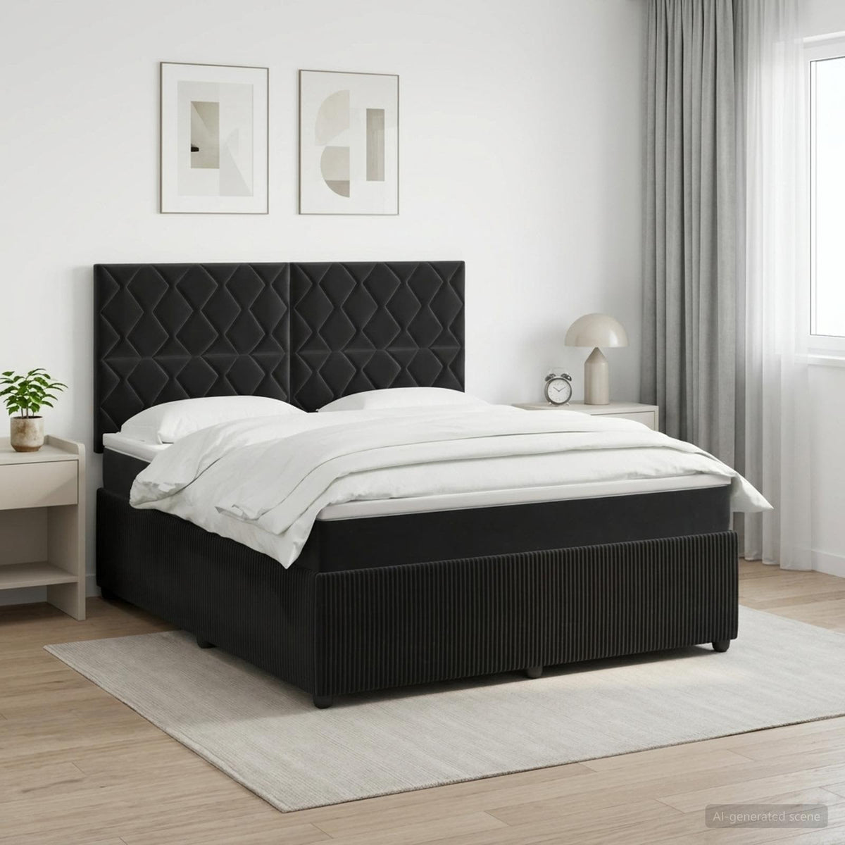 Boxmadras med topmadras med hovedgærde Sort 180 x 200 cm Fløjl
