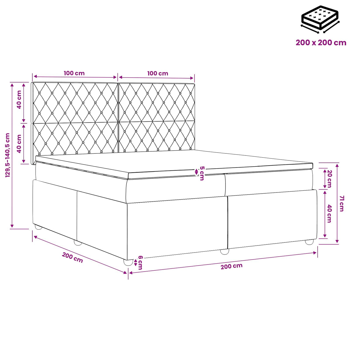Boxmadras med topmadras Lyserød 200 x 200 cm Fløjl