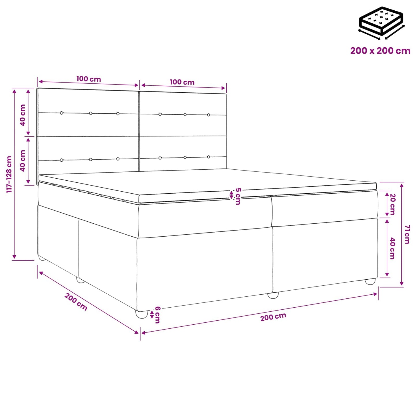 Boxmadras med topmadras Lyserød 200 x 200 cm Fløjl