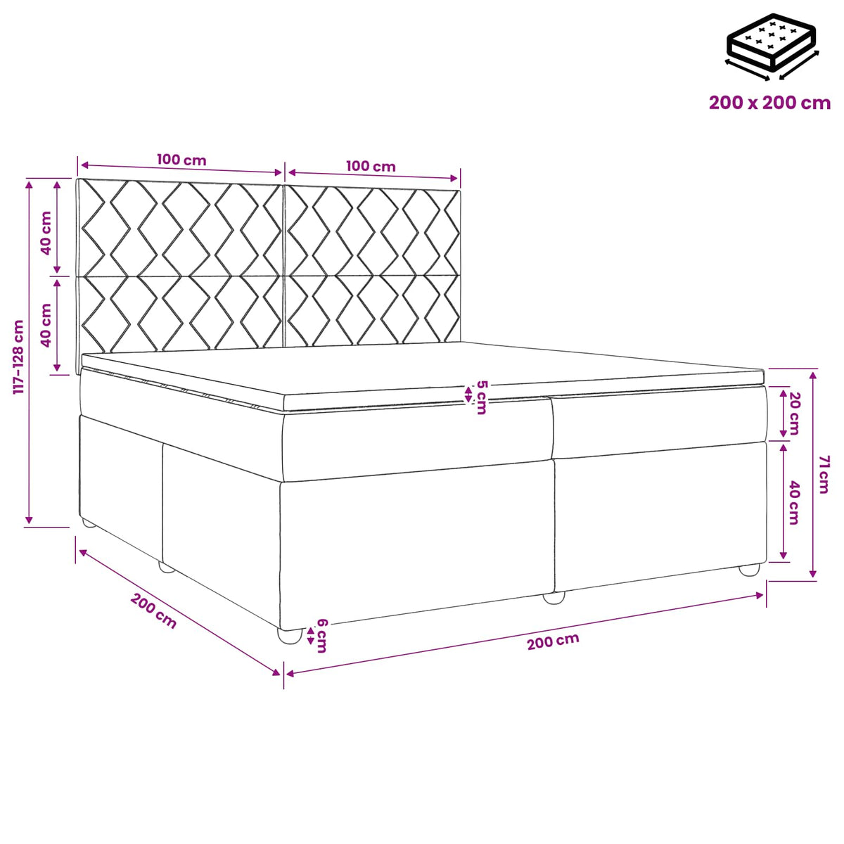 Boxmadras med topmadras med hovedgærde Sort 200 x 200 cm Fløjl