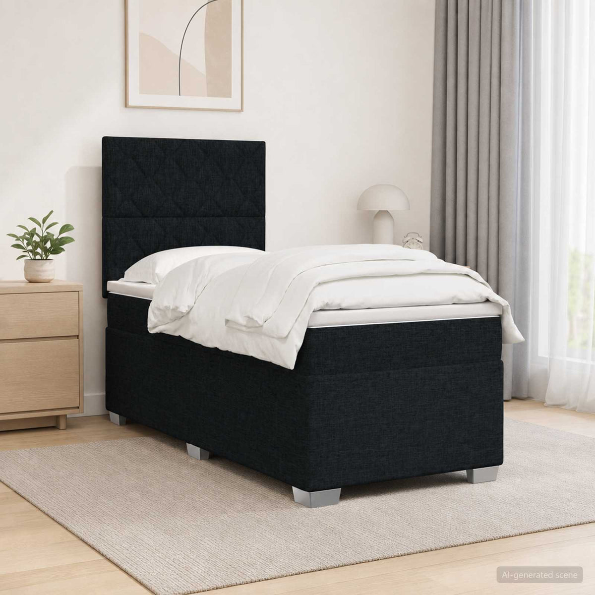 Boxmadras med topmadras med hovedgærde Sort 90 x 200 cm Stof
