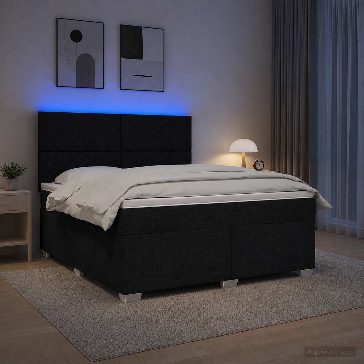 Boxmadras med topmadras med hovedgærde Sort 180 x 200 cm Stof