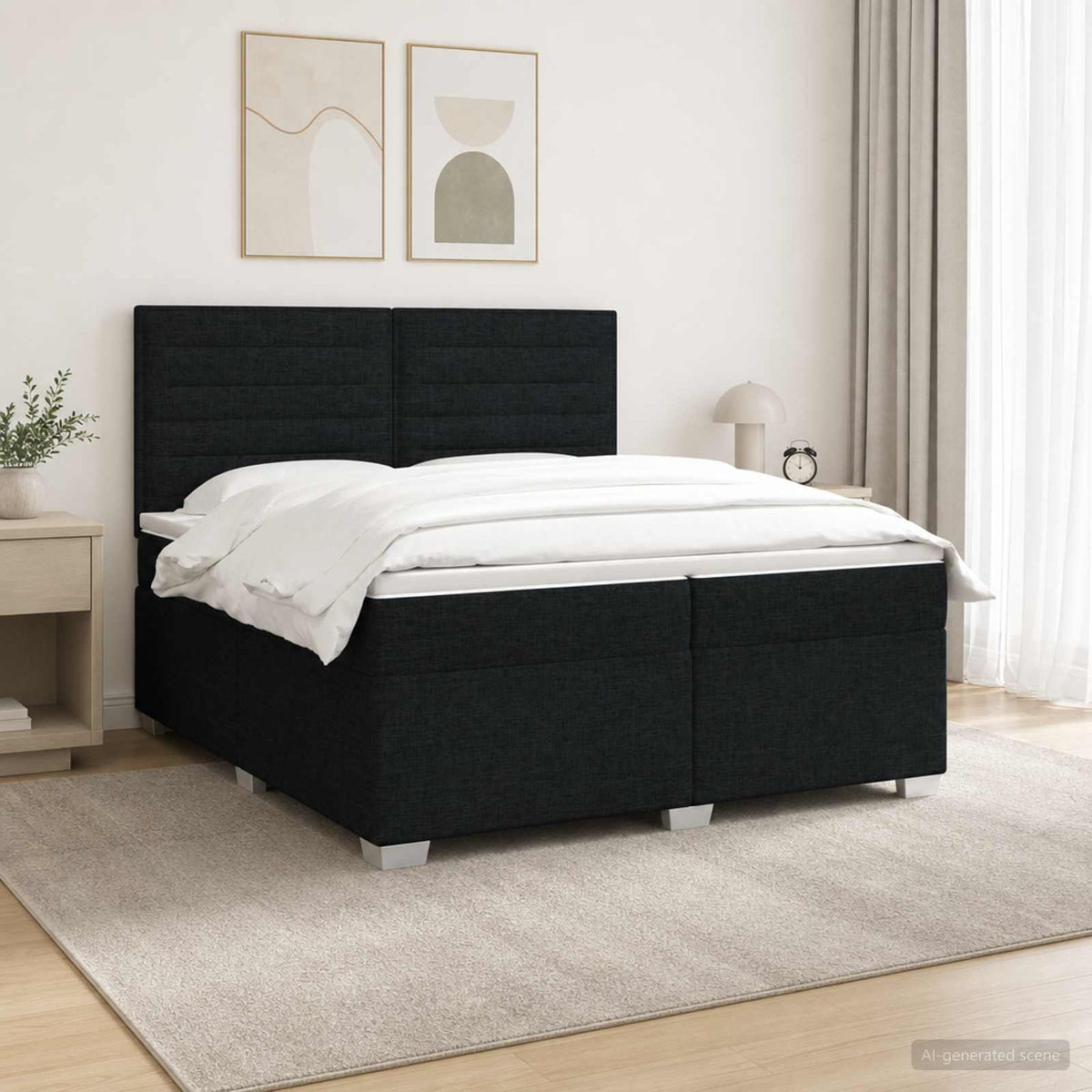 Boxmadras med topmadras med hovedgærde Sort 200 x 200 cm Stof