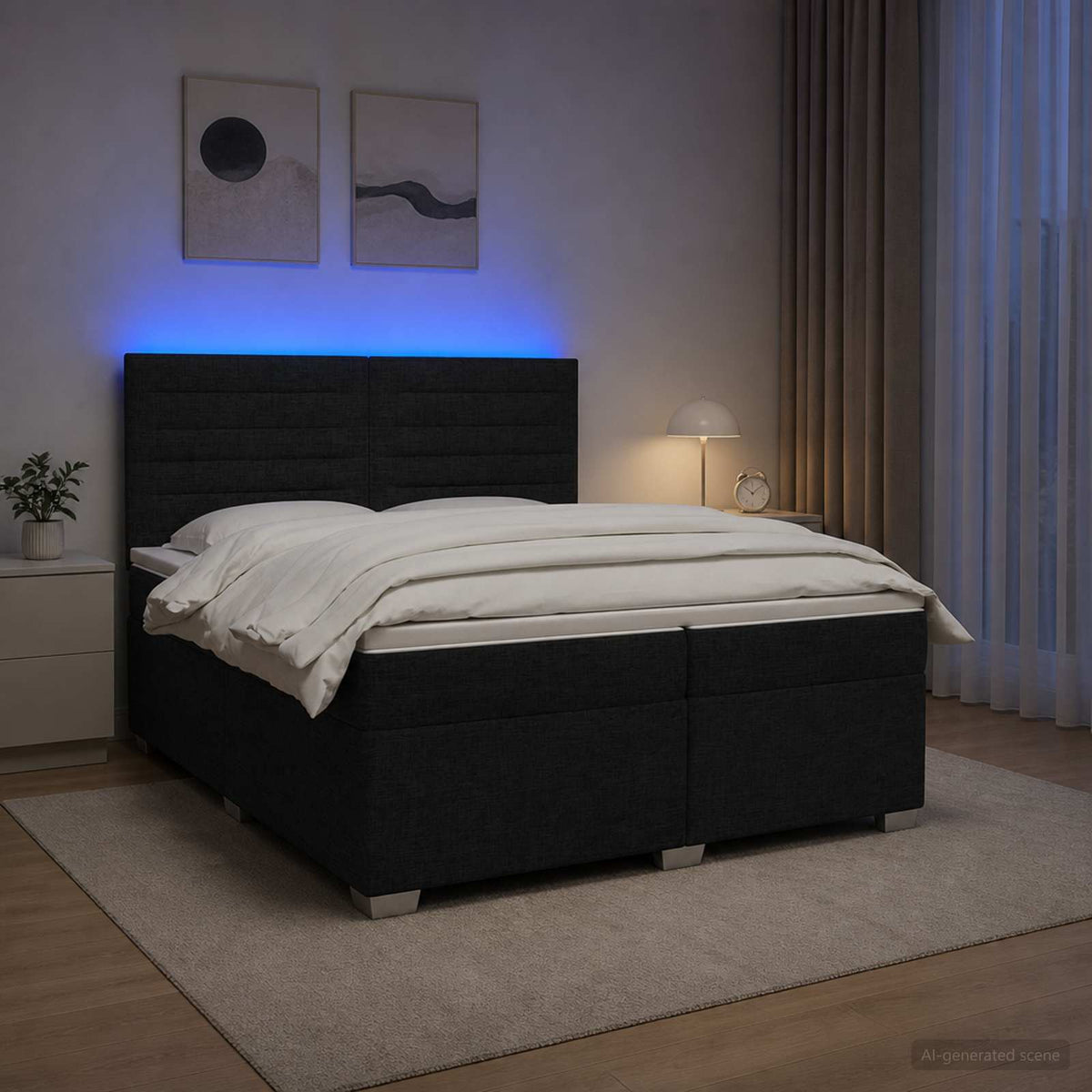 Boxmadras med topmadras med hovedgærde Sort 200 x 200 cm Stof
