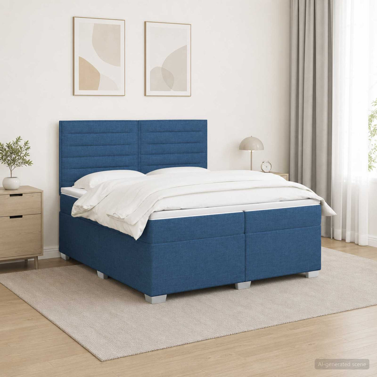 Boxmadras med topmadras med hovedgærde Blå 200 x 200 cm Stof