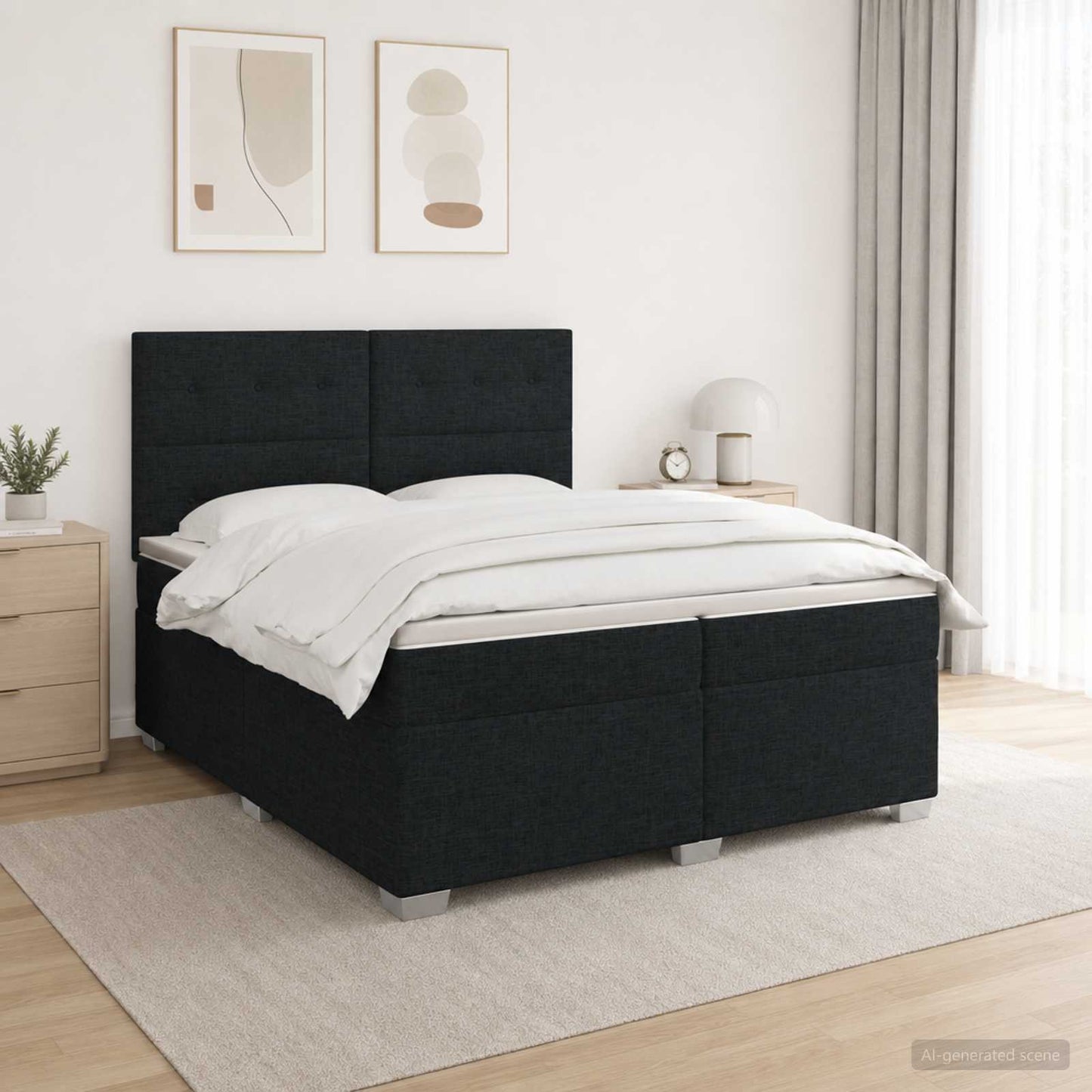 Boxmadras med topmadras med hovedgærde Sort 200 x 200 cm Stof