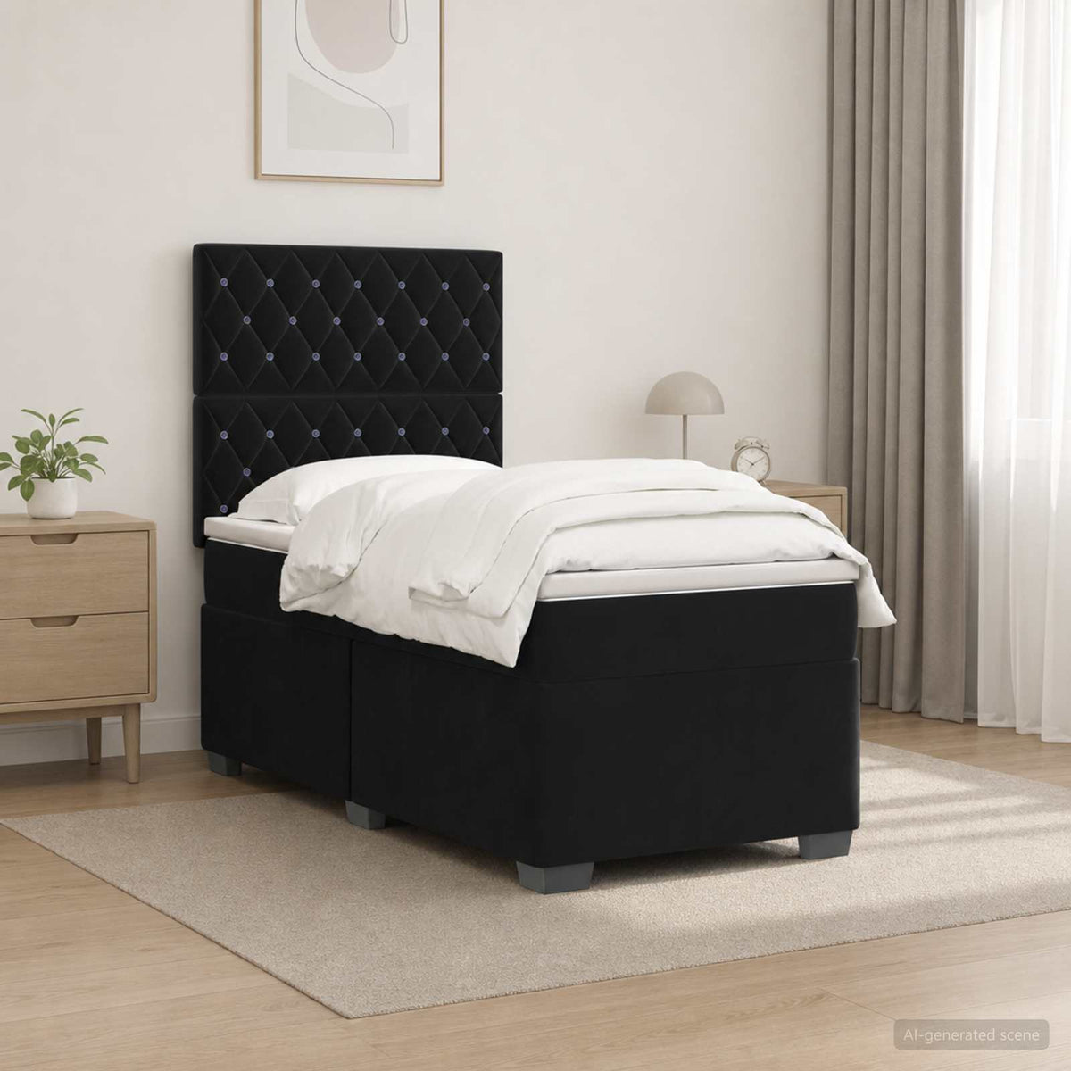 Boxmadras med topmadras med hovedgærde Sort 90 x 190 cm Fløjl