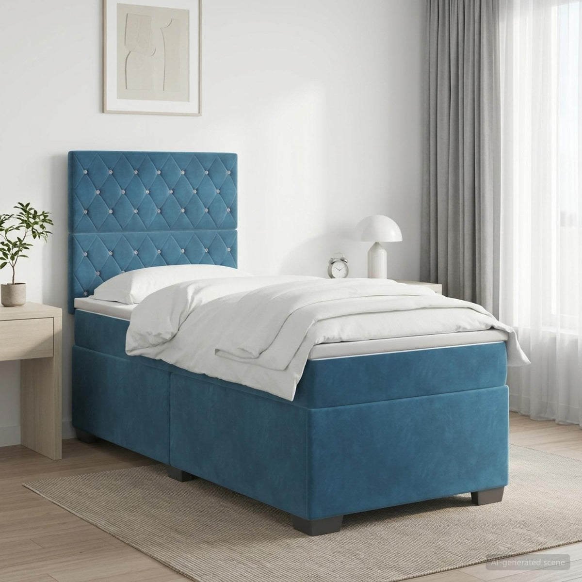 Boxmadras med topmadras med hovedgærde Blå 90 x 190 cm Fløjl
