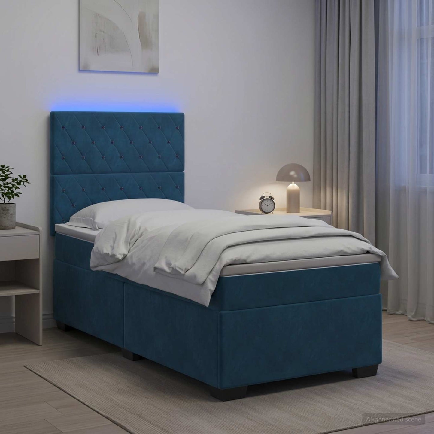 Boxmadras med topmadras med hovedgærde Blå 80 x 200 cm Fløjl