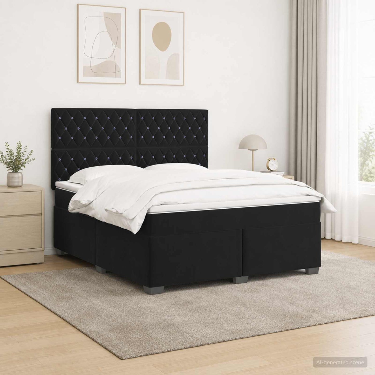 Boxmadras med topmadras med hovedgærde Sort 140 x 190 cm Fløjl