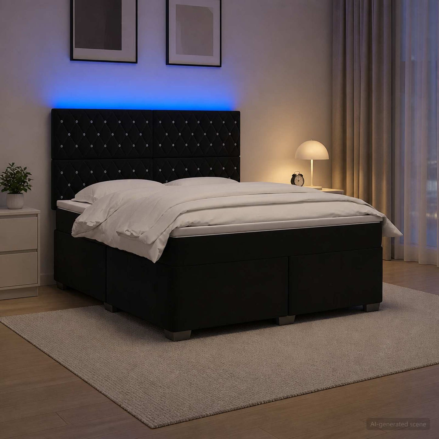 Boxmadras med topmadras med hovedgærde Sort 180 x 200 cm Fløjl
