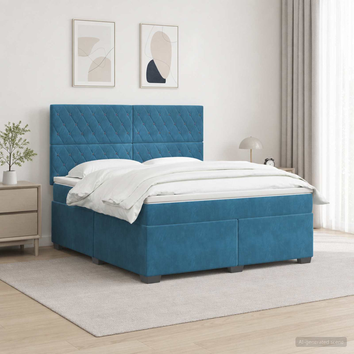 Boxmadras med topmadras med hovedgærde Blå 180 x 200 cm Fløjl