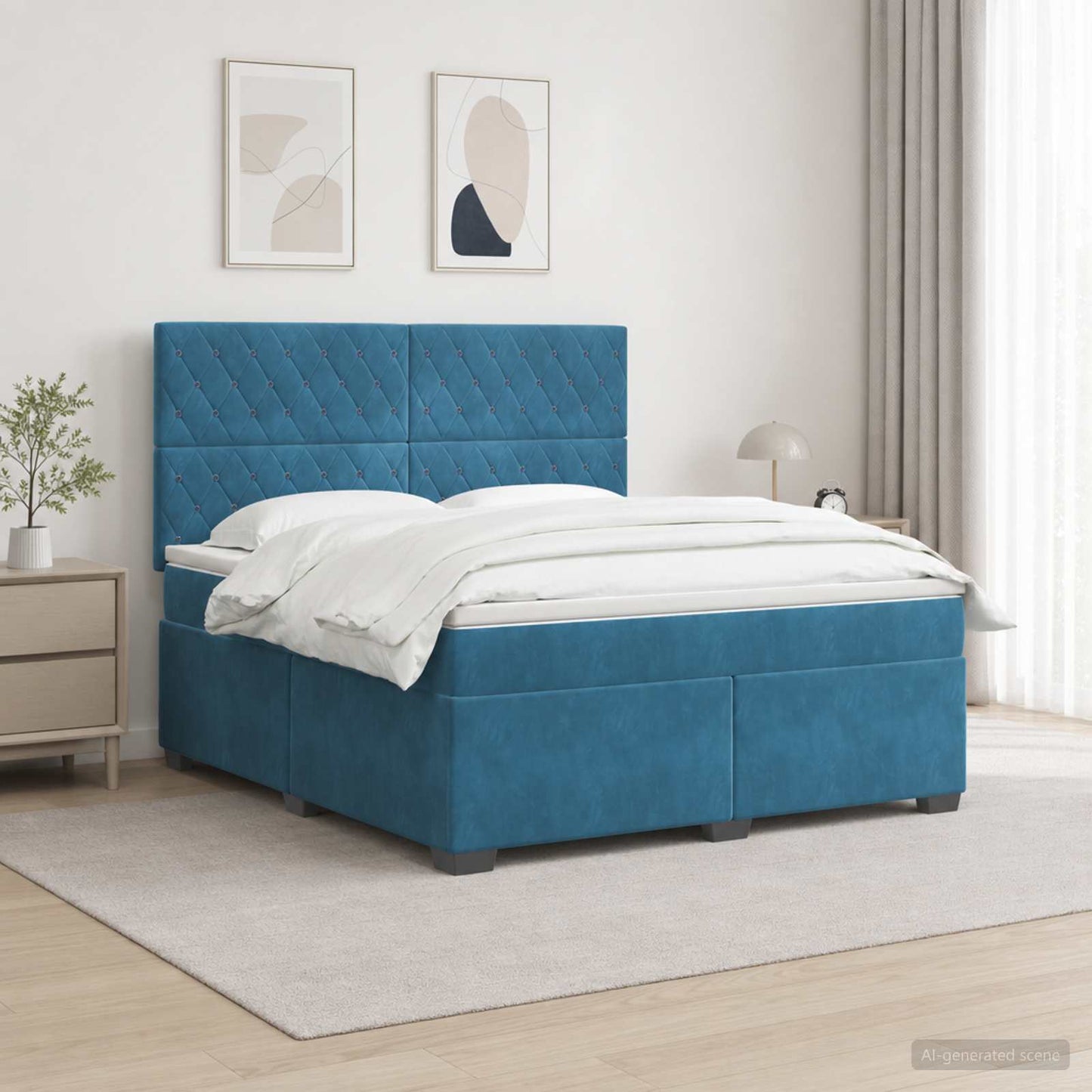 Boxmadras med topmadras med hovedgærde Blå 160 x 200 cm Fløjl