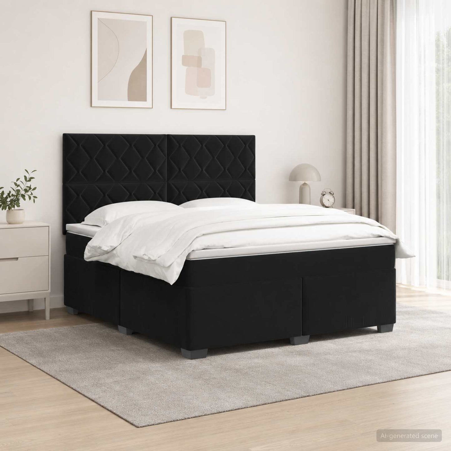 Boxmadras med topmadras med hovedgærde Sort 160 x 200 cm Fløjl