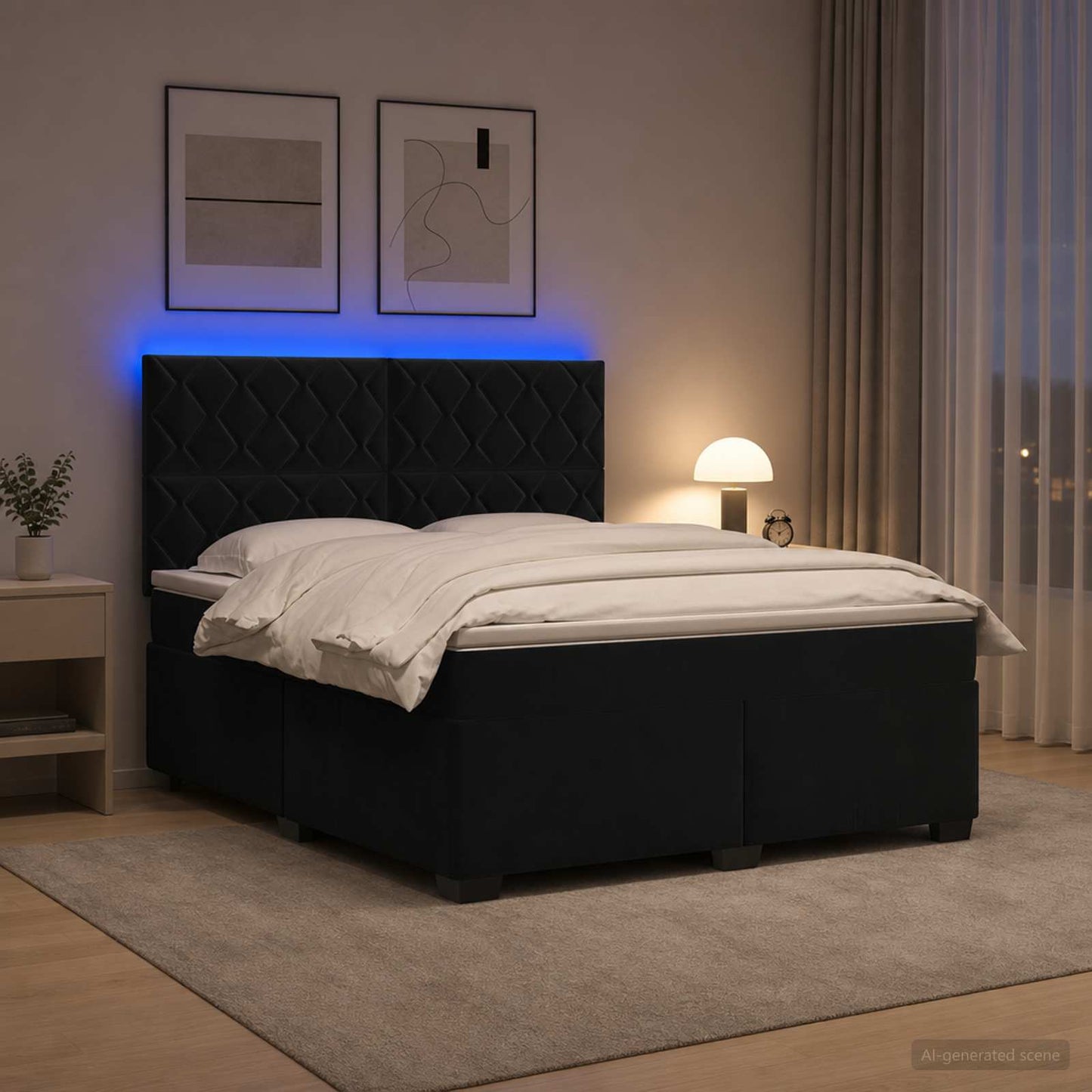 Boxmadras med topmadras med hovedgærde Sort 180 x 200 cm Fløjl