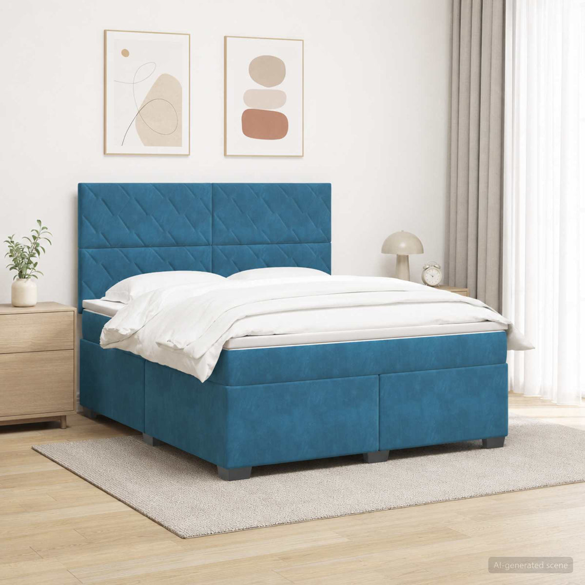 Boxmadras med topmadras med hovedgærde Blå 160 x 200 cm Fløjl