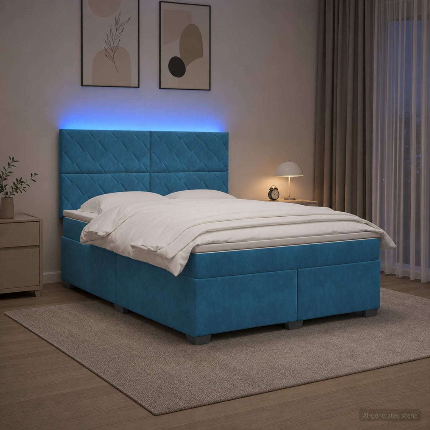 Boxmadras med topmadras med hovedgærde Blå 140 x 190 cm Fløjl
