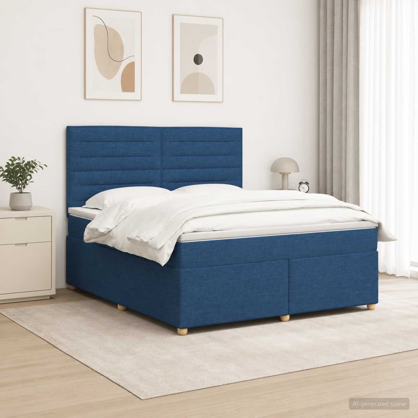 Boxmadras med topmadras med hovedgærde Blå 180 x 200 cm Stof